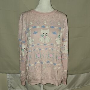 Vintage Cute Pink Cat Sweater Fish Birds Design Lrg Htf Size L/XL